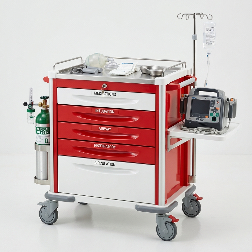 Chariot d'urgence ABS 5 tiroirs avec support défibrillateur