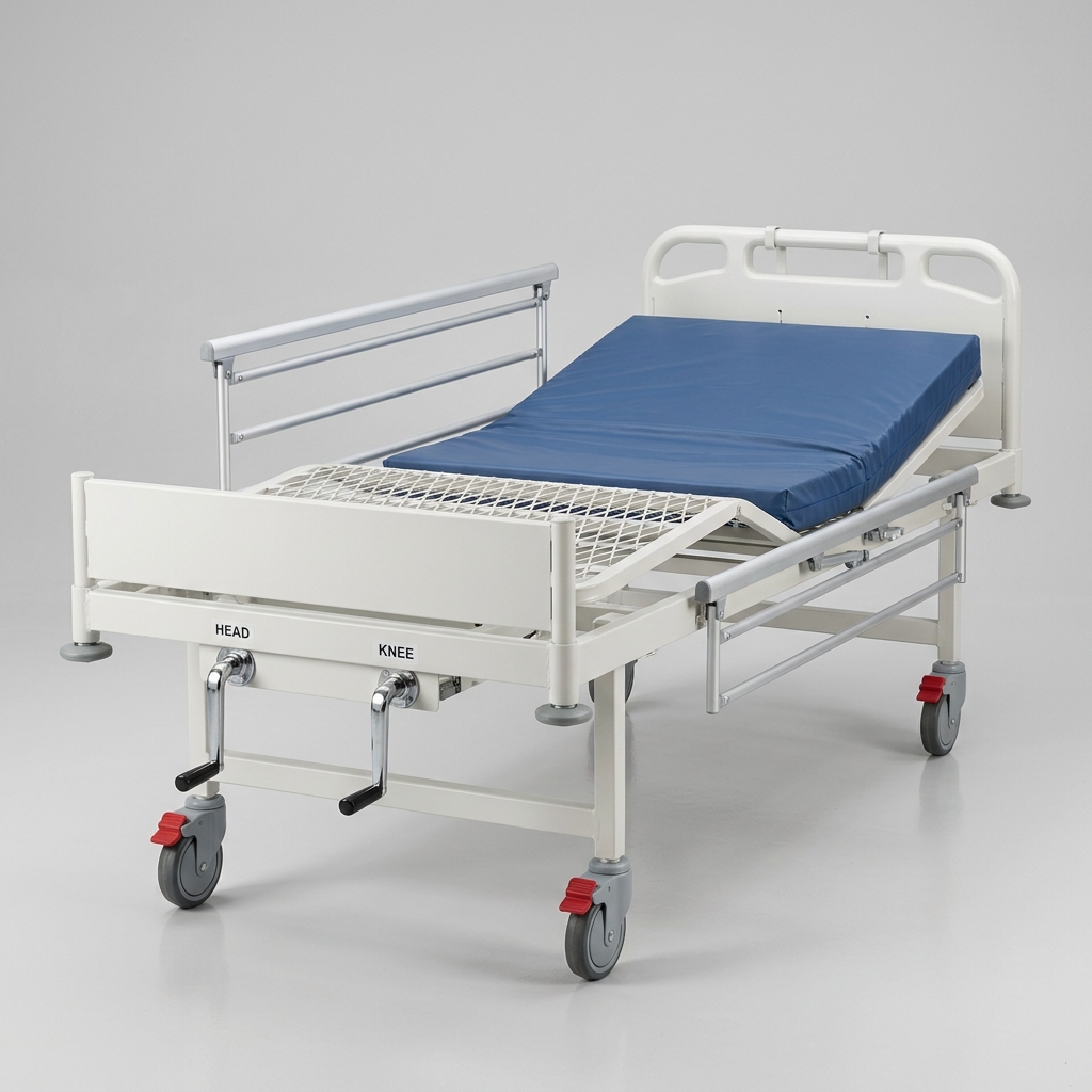 Lit manuel d'hospitalisation à deux manivelles avec barrières, tablette et potence