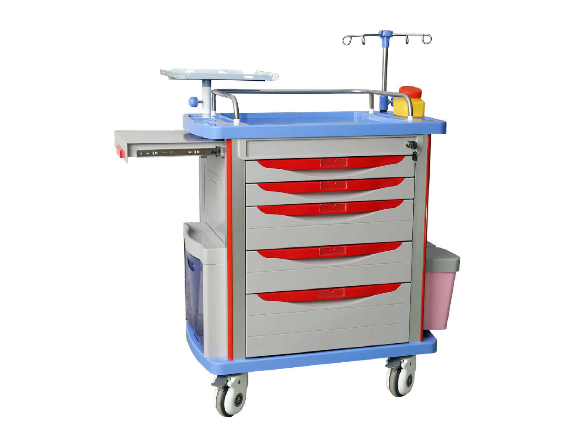 Chariot de soin d’urgence 5 tiroirs avec support défibrillateur et porte - sérum - L850 x W520 x H1045 mm