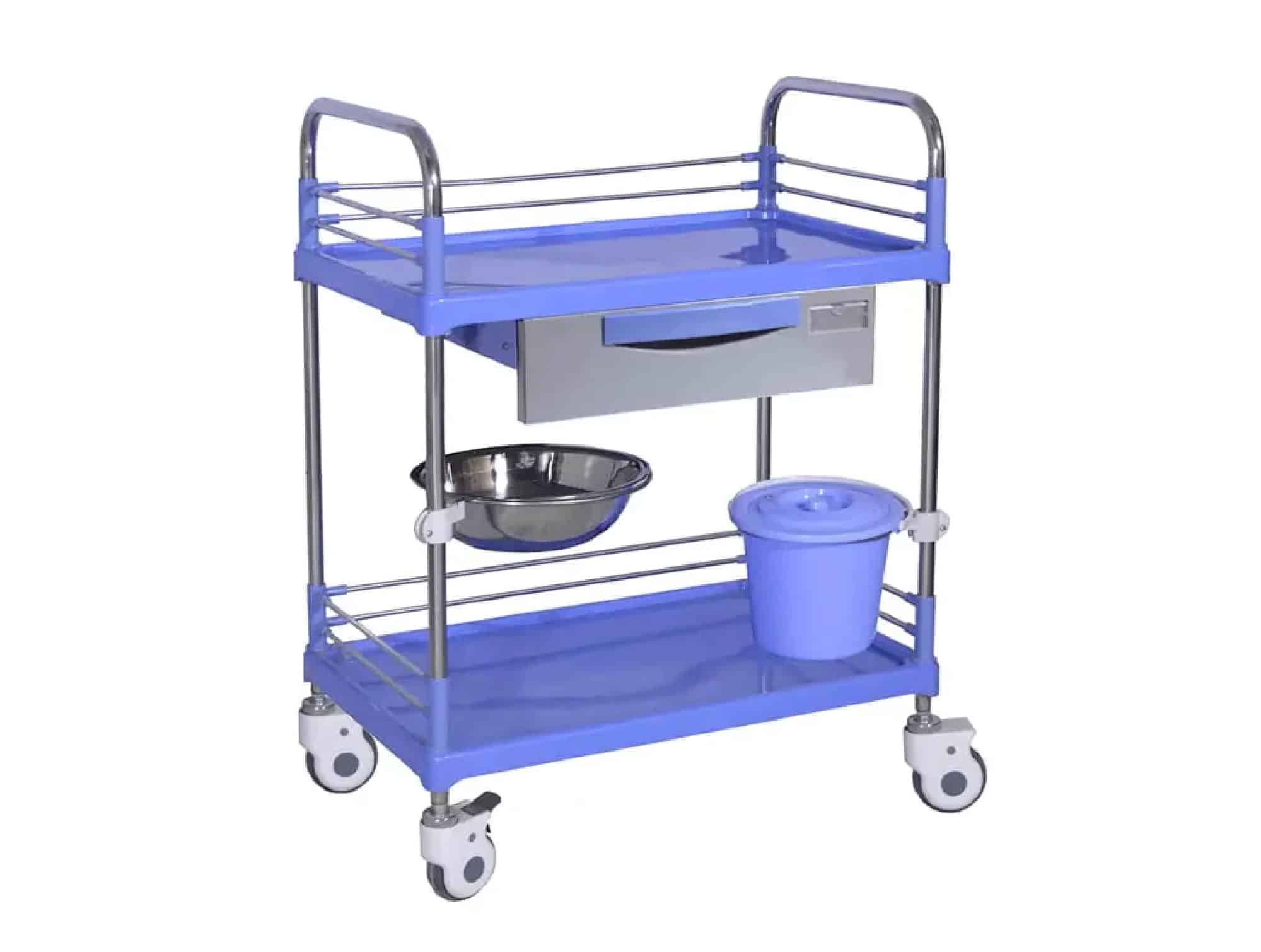 Chariot à instruments inox 2 plateaux ABS avec tiroir, poubelle et cupule (L8049)